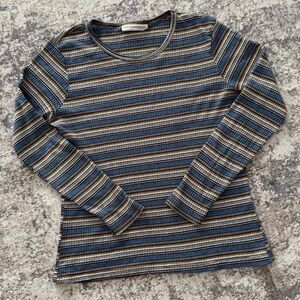 Vintage Y2K Ribbed Striped Long Sleeve Top Fitted Blue Brown Baby Tee Style